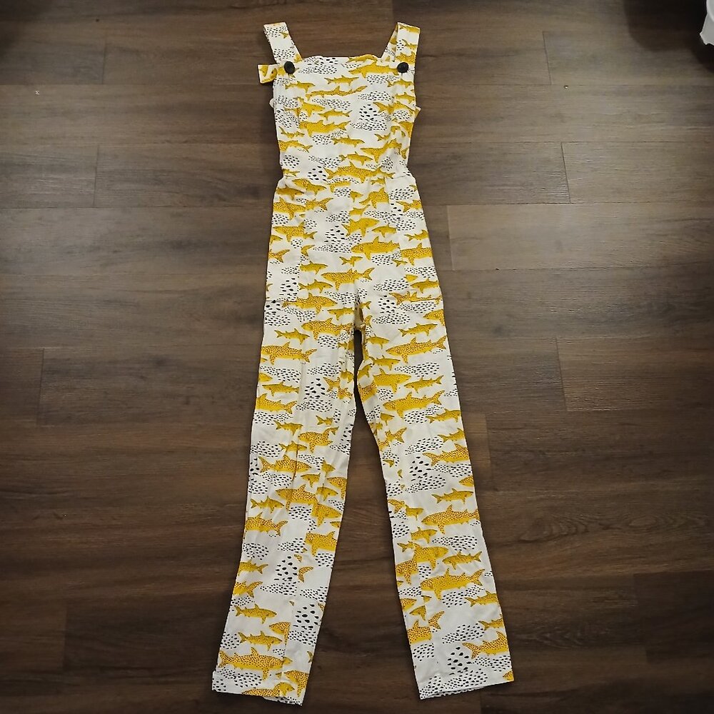 RARE NooWorks Shark Jumpsuit Overalls XS GUC DESIGNER ART GRAPHIC PRINT - Picture 2 of 9